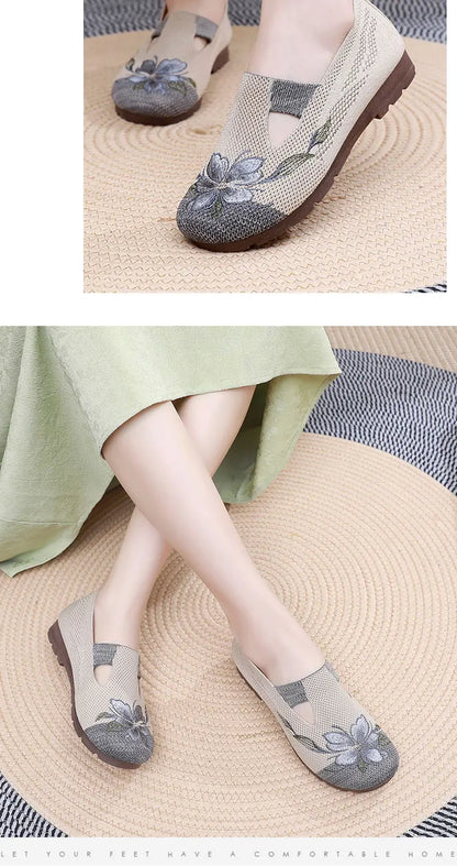 Breathable Women’s Flats - Slip-On Mesh, Embroidered