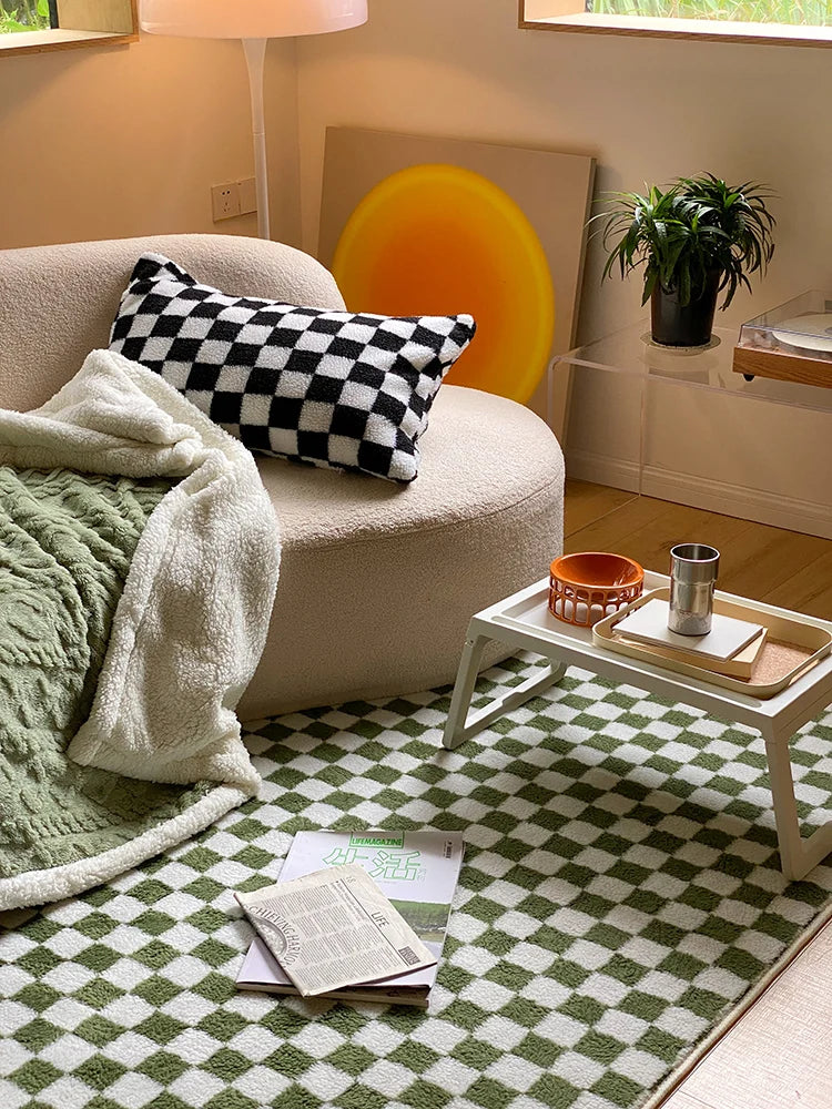Checkerboard Plush Area Rug Japanese Style Minimalist