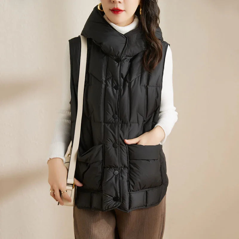 Lightweight Women Hooded Down Vest - Boxy, Down, Autumn