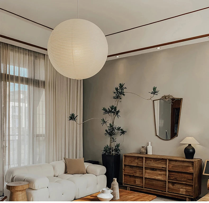 Japandi Pendant Lamp Wabi Sabi Rice Paper Round LED Dimmable