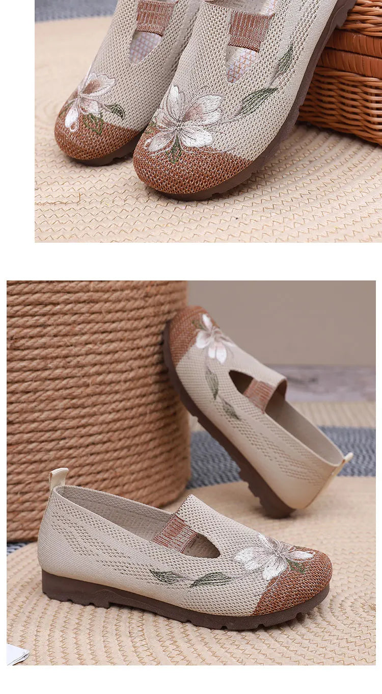 Breathable Women’s Flats - Slip-On Mesh, Embroidered