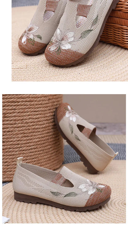 Breathable Women’s Flats - Slip-On Mesh, Embroidered