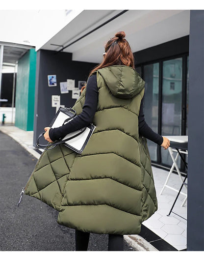 Lightweight Women's Long Puffer Vest - Hooded Cotton Winter