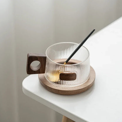 Koffiemokset 250ml Glas Met Houten Handvat, Dienblad En Lepel, Geribbelde Theekop Informeel Herfst 2025 Gezellig Cadeau