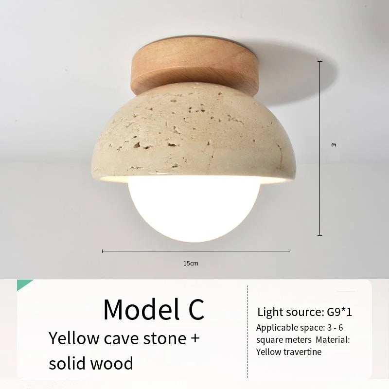 Japandi Travertine Ceiling Light Wood Cap Round Mid Century Lamp