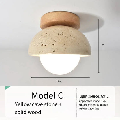 Japandi Travertine Ceiling Light Wood Cap Round Mid Century Lamp