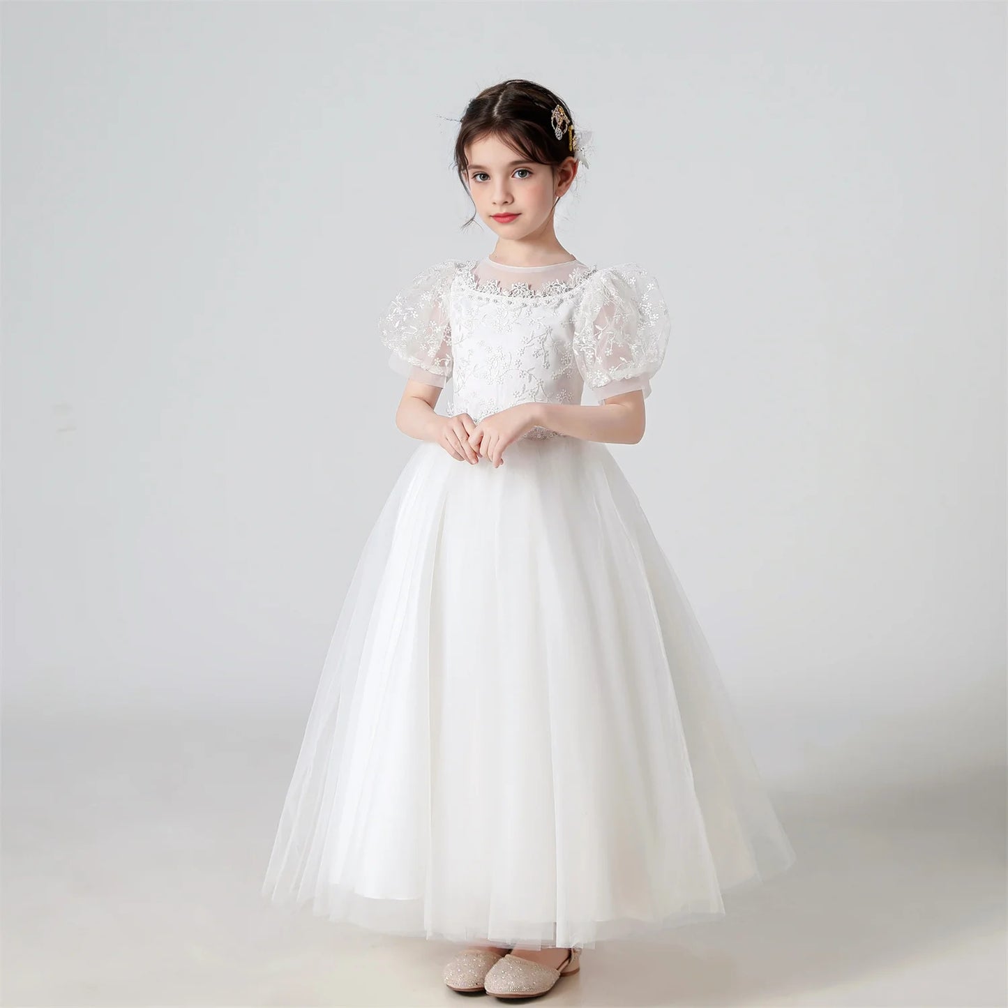 Soft Girls' Dress - Flowy Princess-Cut Lace-Embroidery, Polyester, Wedding Party