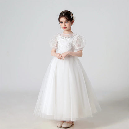 Soft Girls' Dress - Flowy Princess-Cut Lace-Embroidery, Polyester, Wedding Party