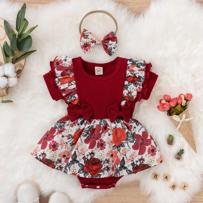 Vestito morbido per bambina - stampa floreale, dettagli con fiocco, cotone-elastan, abbigliamento estivo