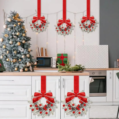 Juego de 6 coronas navideñas mini para gabinete con lazos rojos decoración duradera artificial estilo granja para las fiestas 2025