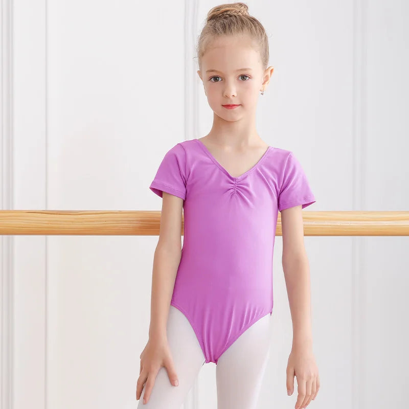 Blød balletdragt til piger - kortærmet med v-hals og rynker, bomuldsstrik, til dansepraksis og klassiske timer