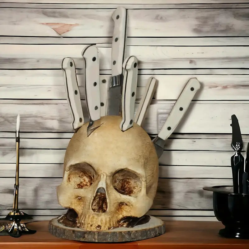 Gothic Skull Knife Holder - Unique Handcrafted Kitchen Decor, Holds 7 Knives