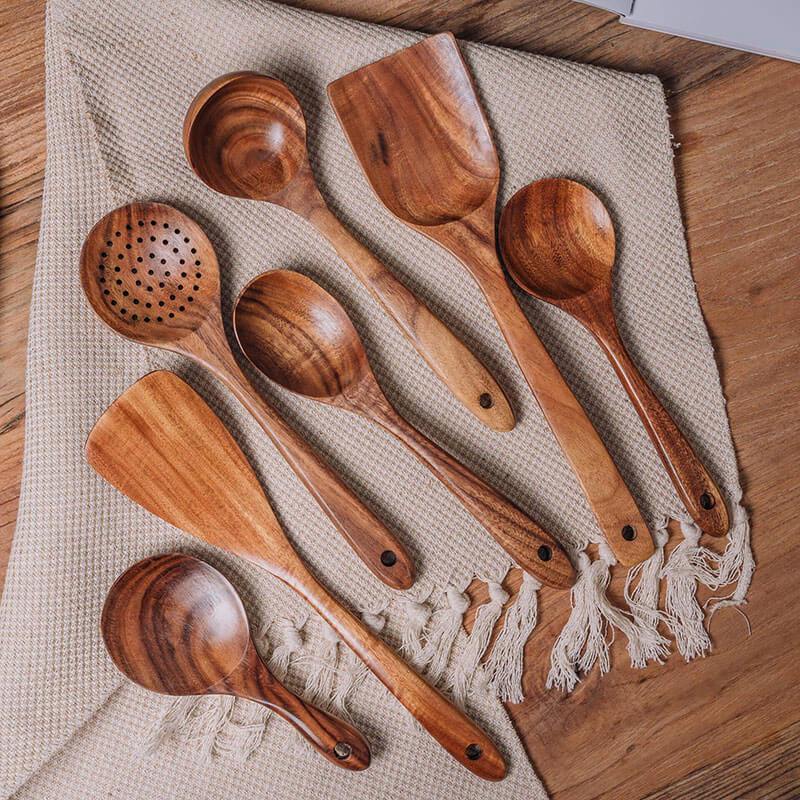 7pcs Teak Wooden Utensil Set – Premium Non-Scratch Kitchen Tools, Handcrafted Teak for Long-Lasting Durability