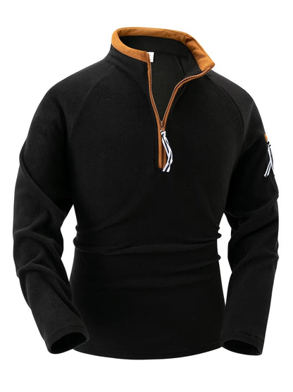 Warm Men's Zip Pullover - Stand Collar, Fleece, For Winter