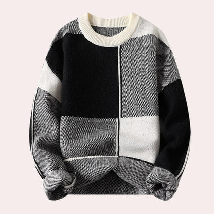 Warm Men’s Sweater - Oversized Check Crewneck, Cotton
