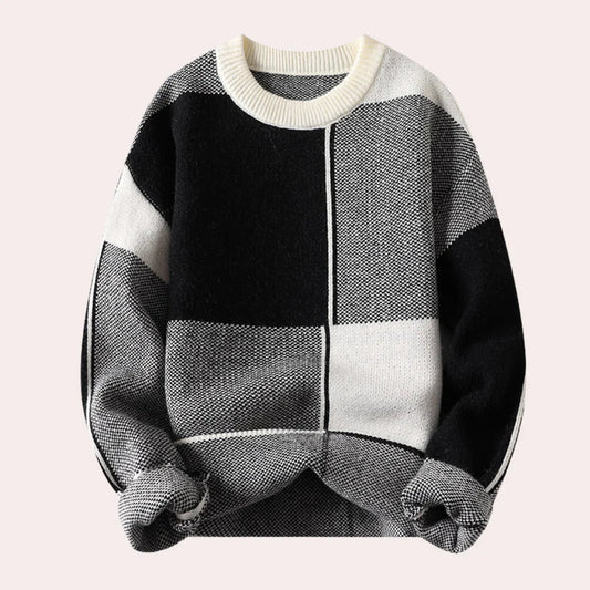 Warm Men’s Sweater - Oversized Check Crewneck, Cotton