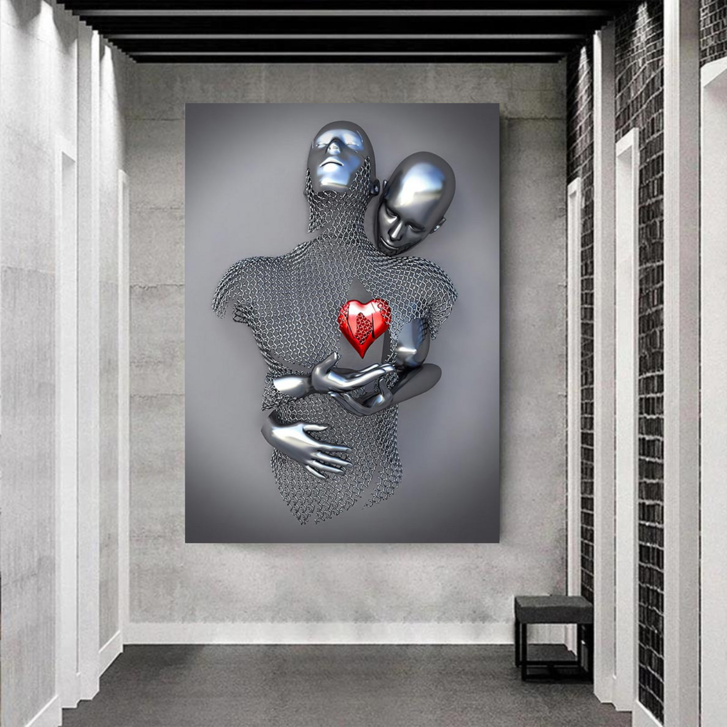 3D Grey Heart Canvas Art - Waterproof Wall Decor for Living Room, Ready to Hang