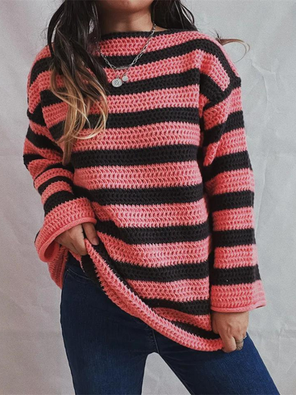 Pull tricoté rayé oversize pour femmes - épais, décontracté
