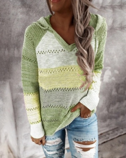 Lightweight Relaxed Women's Knit Hoodie - V Neck, Striped