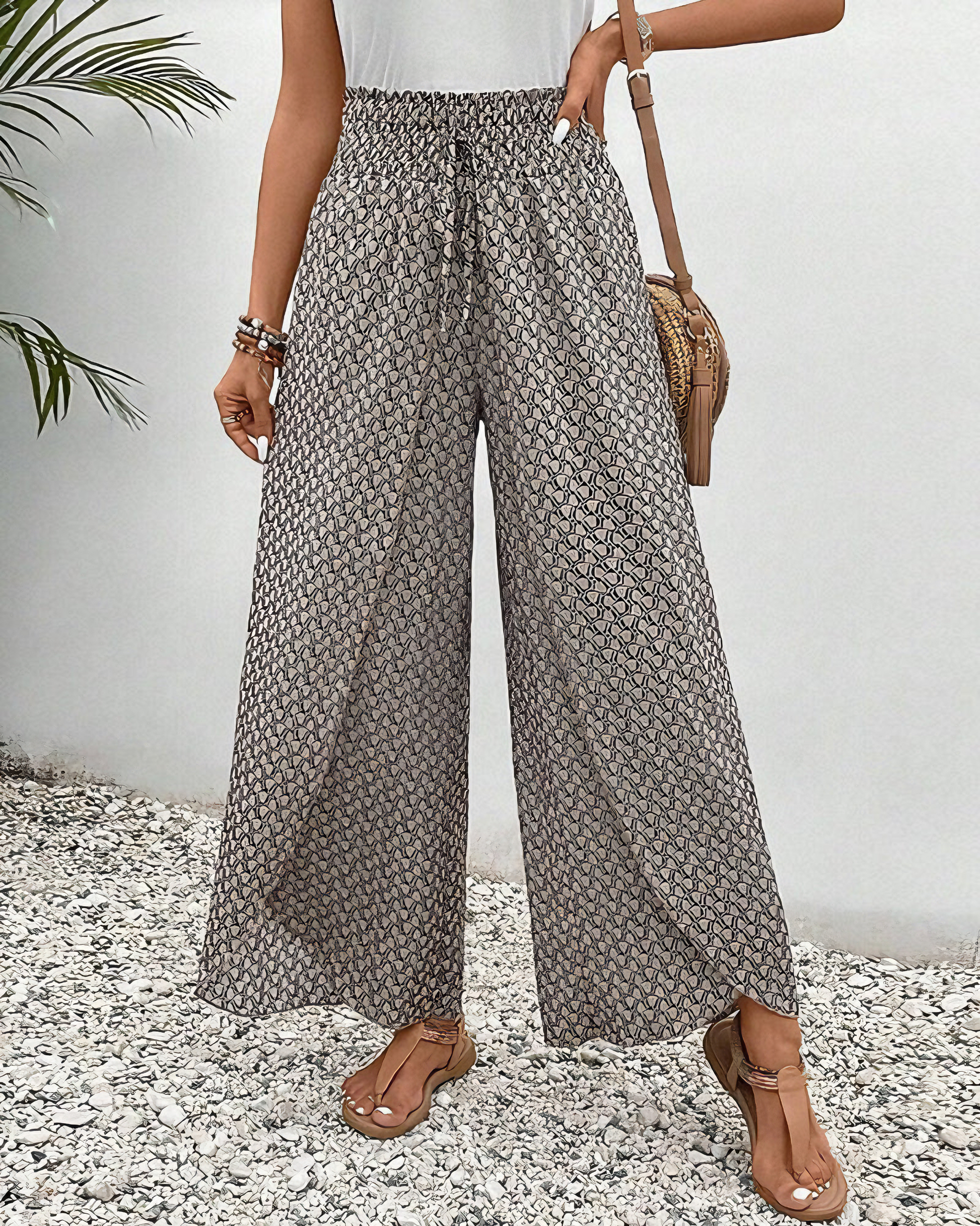 Relaxed Wide Leg Pants for Women, Flowy Palazzo Trousers with Elastic Waistband and Breathable Fabric-1