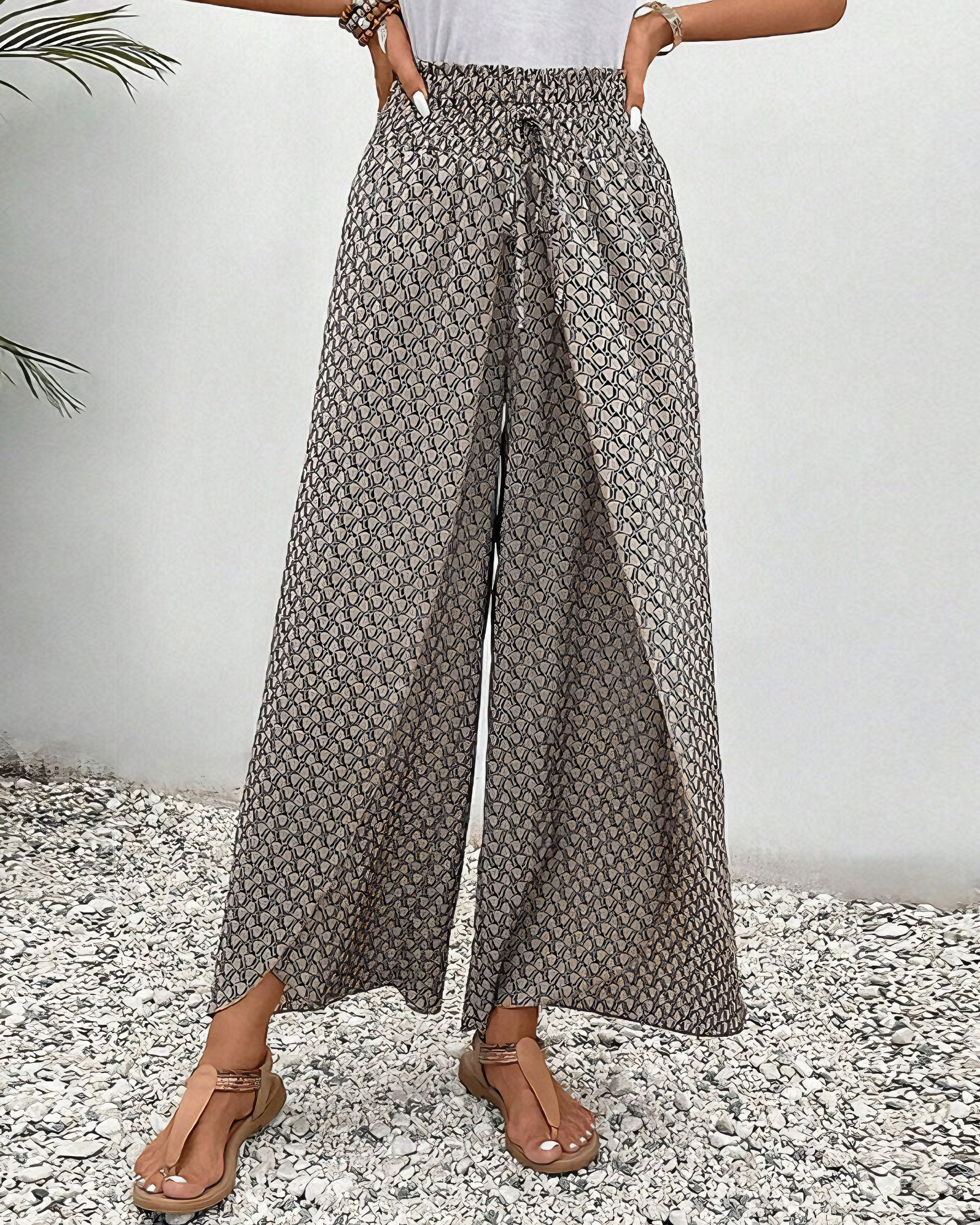 Relaxed Wide Leg Pants for Women, Flowy Palazzo Trousers with Elastic Waistband and Breathable Fabric-3