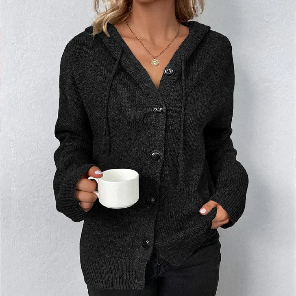 Oversized Women Cardigan - Hooded Button, Textured Knit