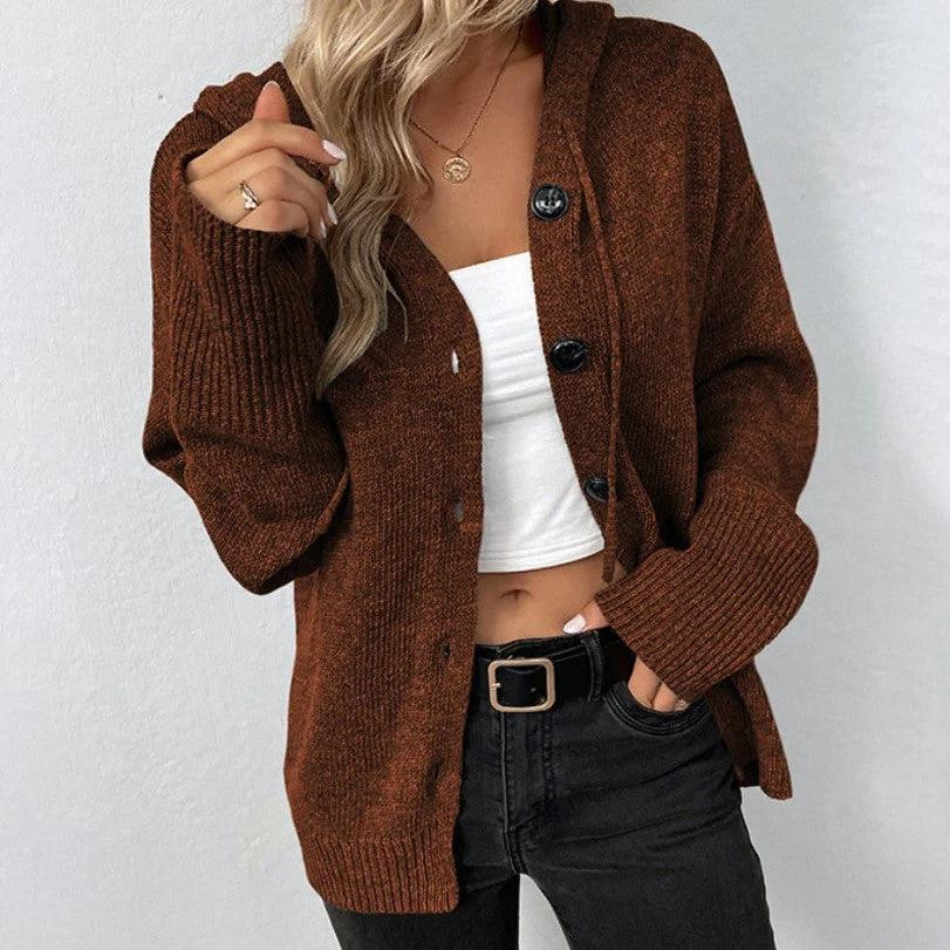 Oversized Women Cardigan - Hooded Button, Textured Knit