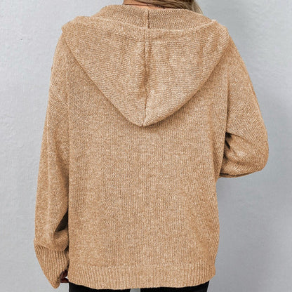 Oversized Women Cardigan - Hooded Button, Textured Knit