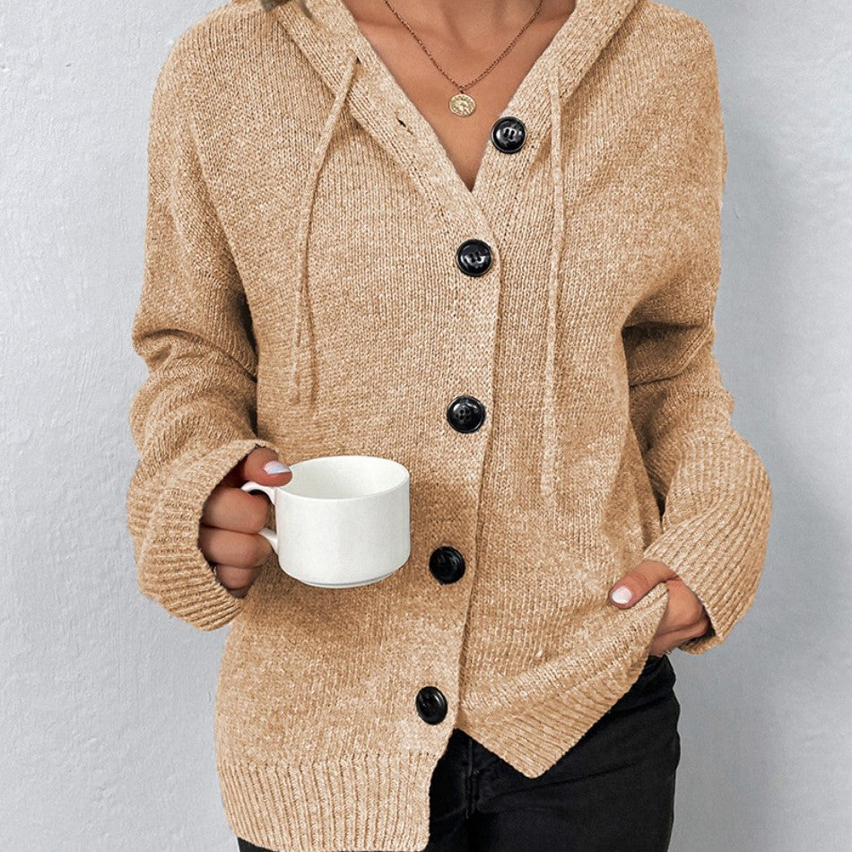 Oversized Women Cardigan - Hooded Button, Textured Knit