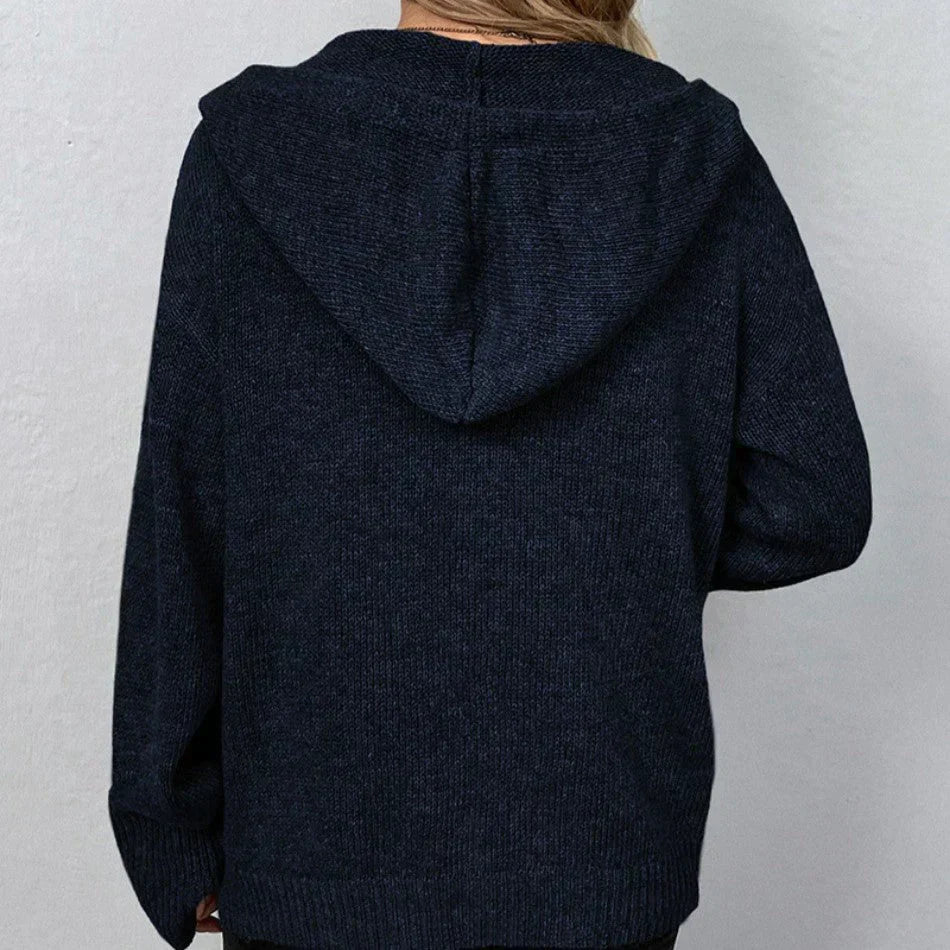 Oversized Women Cardigan - Hooded Button, Textured Knit