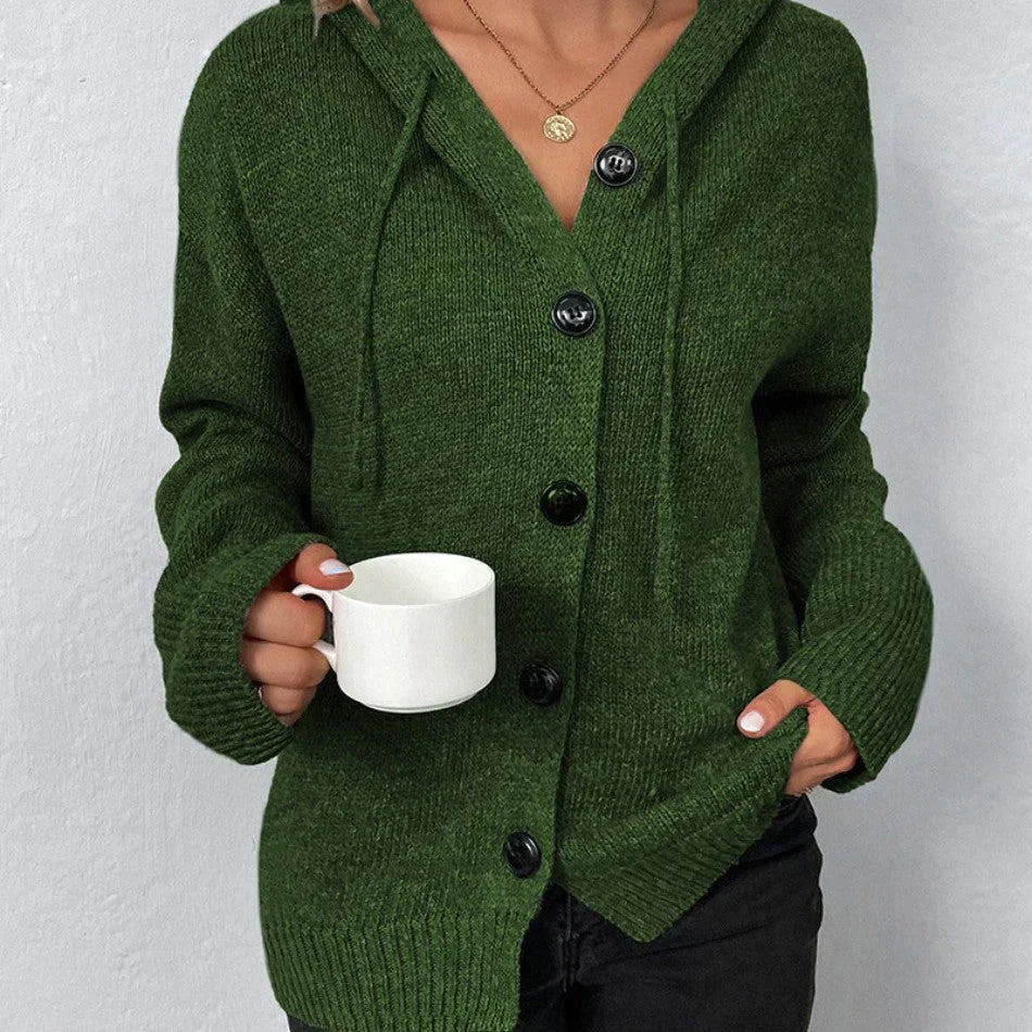 Oversized Women Cardigan - Hooded Button, Textured Knit