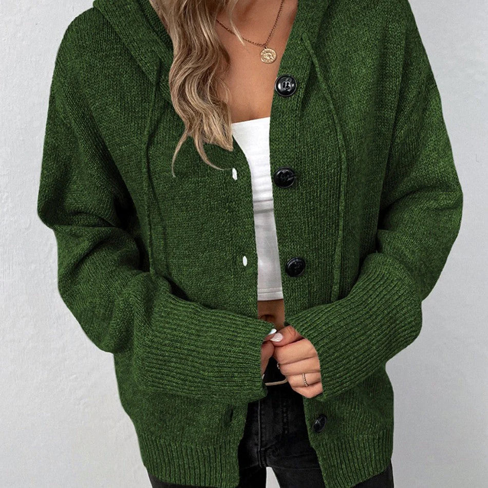 Oversized Women Cardigan - Hooded Button, Textured Knit
