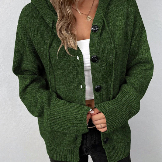 Oversized Women Cardigan - Hooded Button, Textured Knit