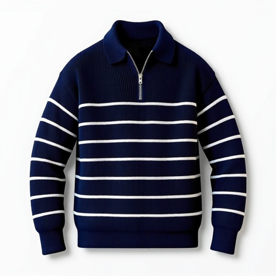 Soft Classic Men’s Striped Sweater - Zip Collar, Cotton