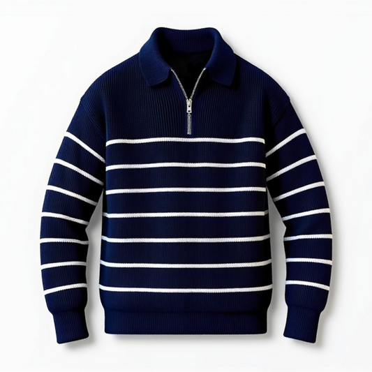 Soft Classic Men’s Striped Sweater - Zip Collar, Cotton