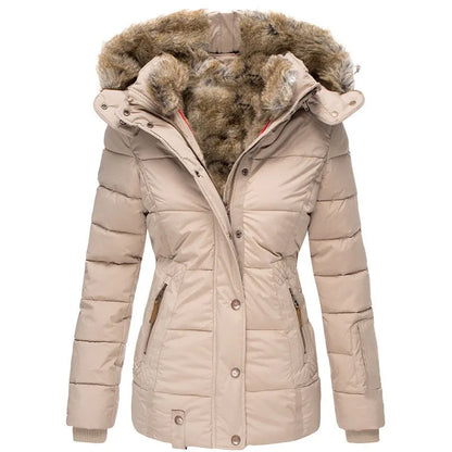 Warm Women’s Winter Coat - Quilted Midlength, Faux Fur Hood