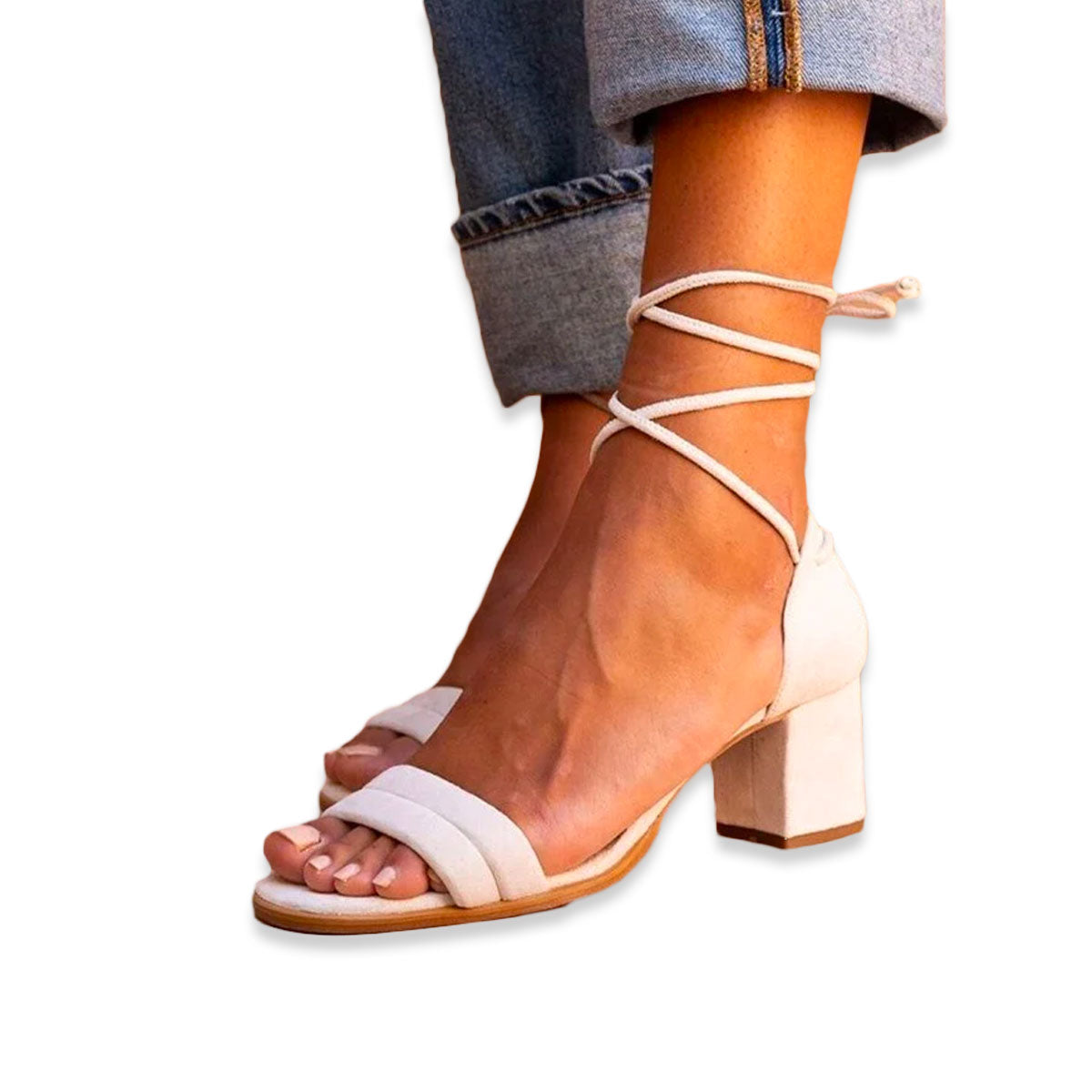 Comfortable Women's Sandals, Block Heel Design with Transparent Toe Band and Lacing in Nude Artificial Leather-1