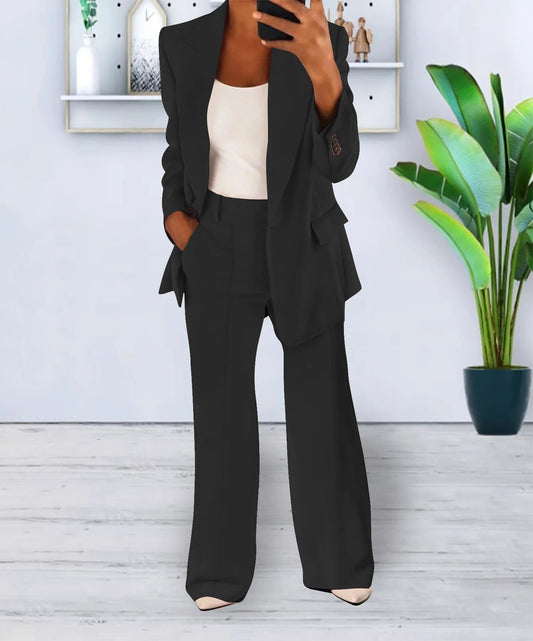Versatile women's suit – oversized blazer and straight-leg trousers, stretchy polyester, for work or casual outings 0