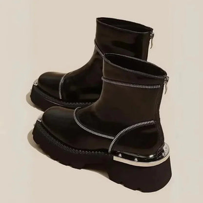 Unterstützende Damen-Stiefeletten - Asymmetrischer Reißverschluss, Lackleder