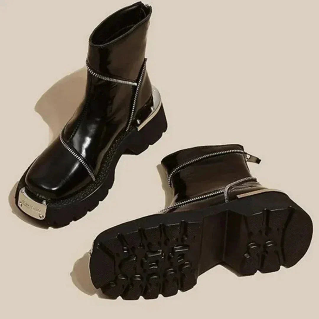 Unterstützende Damen-Stiefeletten - Asymmetrischer Reißverschluss, Lackleder
