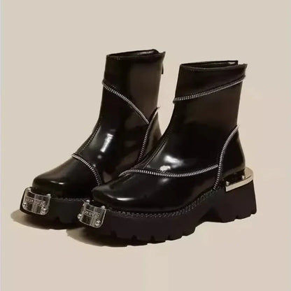 Unterstützende Damen-Stiefeletten - Asymmetrischer Reißverschluss, Lackleder