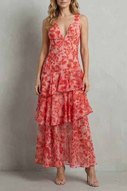 Lightweight women's halter dress – plunging neckline, flowy tiered skirt, floral print