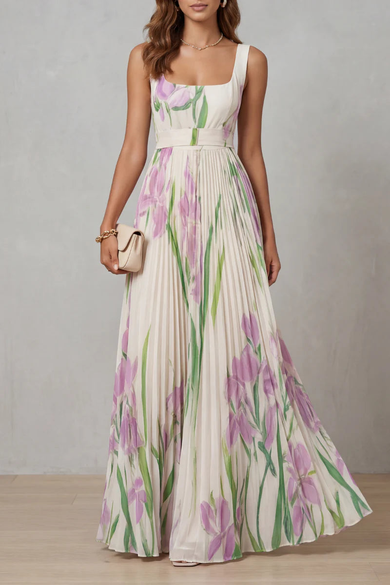 Lightweight women's dress - a-line pleated floral midi, sleeveless, for summer wear