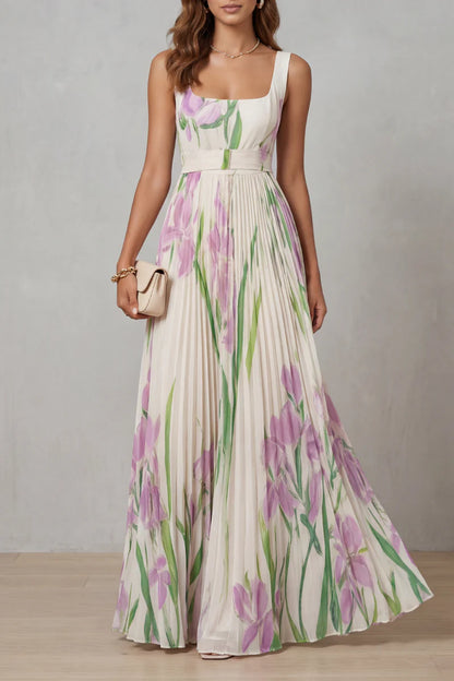 Lightweight women's dress - a-line pleated floral midi, sleeveless, for summer wear
