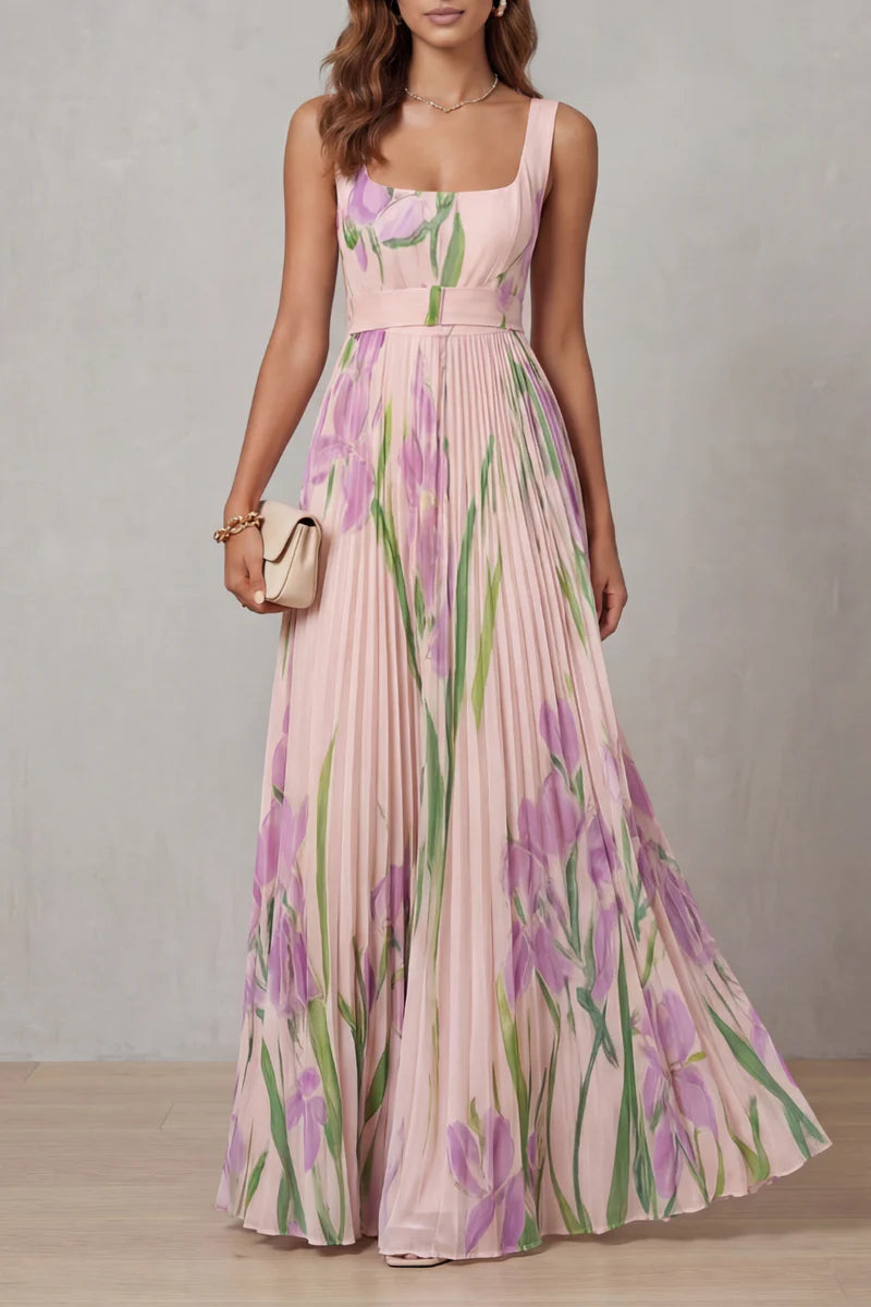 Lightweight women's dress - a-line pleated floral midi, sleeveless, for summer wear