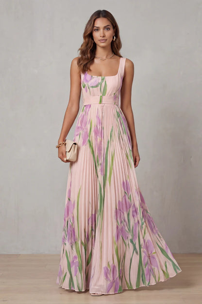 Lightweight women's dress - a-line pleated floral midi, sleeveless, for summer wear