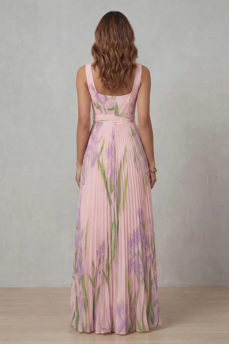 Lightweight women's dress - a-line pleated floral midi, sleeveless, for summer wear