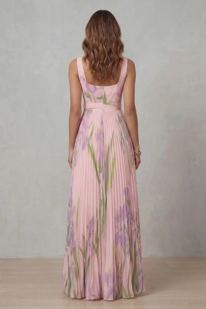 Lightweight women's dress - a-line pleated floral midi, sleeveless, for summer wear