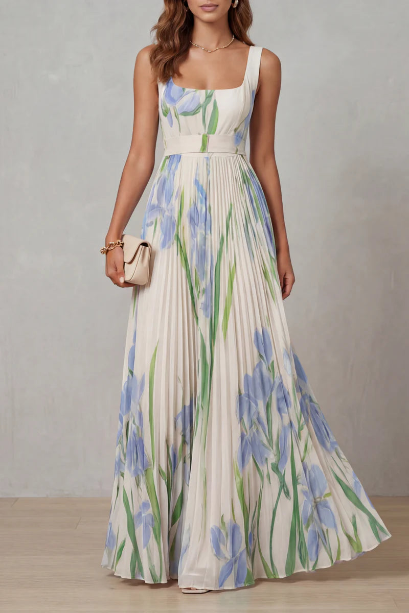 Lightweight women's dress - a-line pleated floral midi, sleeveless, for summer wear