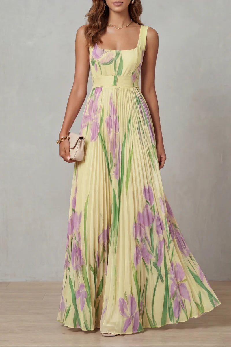 Lightweight women's dress - a-line pleated floral midi, sleeveless, for summer wear
